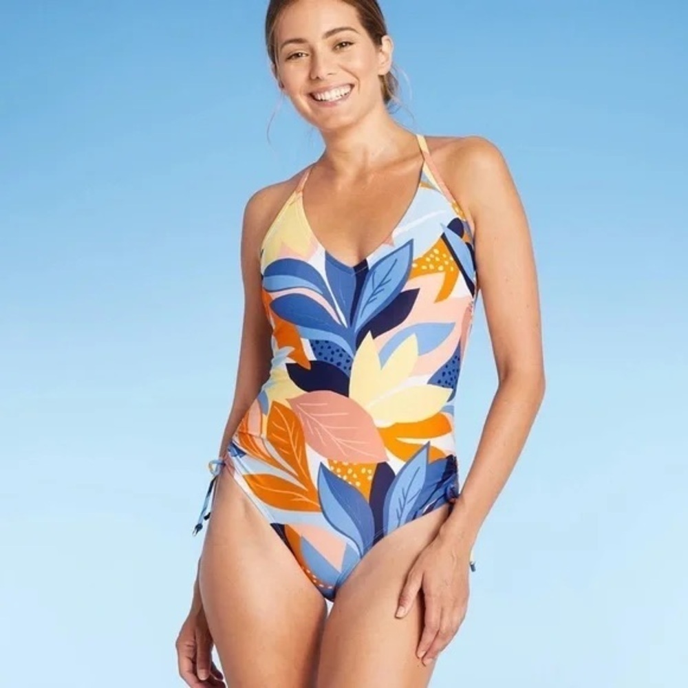 Kona Sol Tropical Floral Print One-Piece Swimsuit Orange Blue